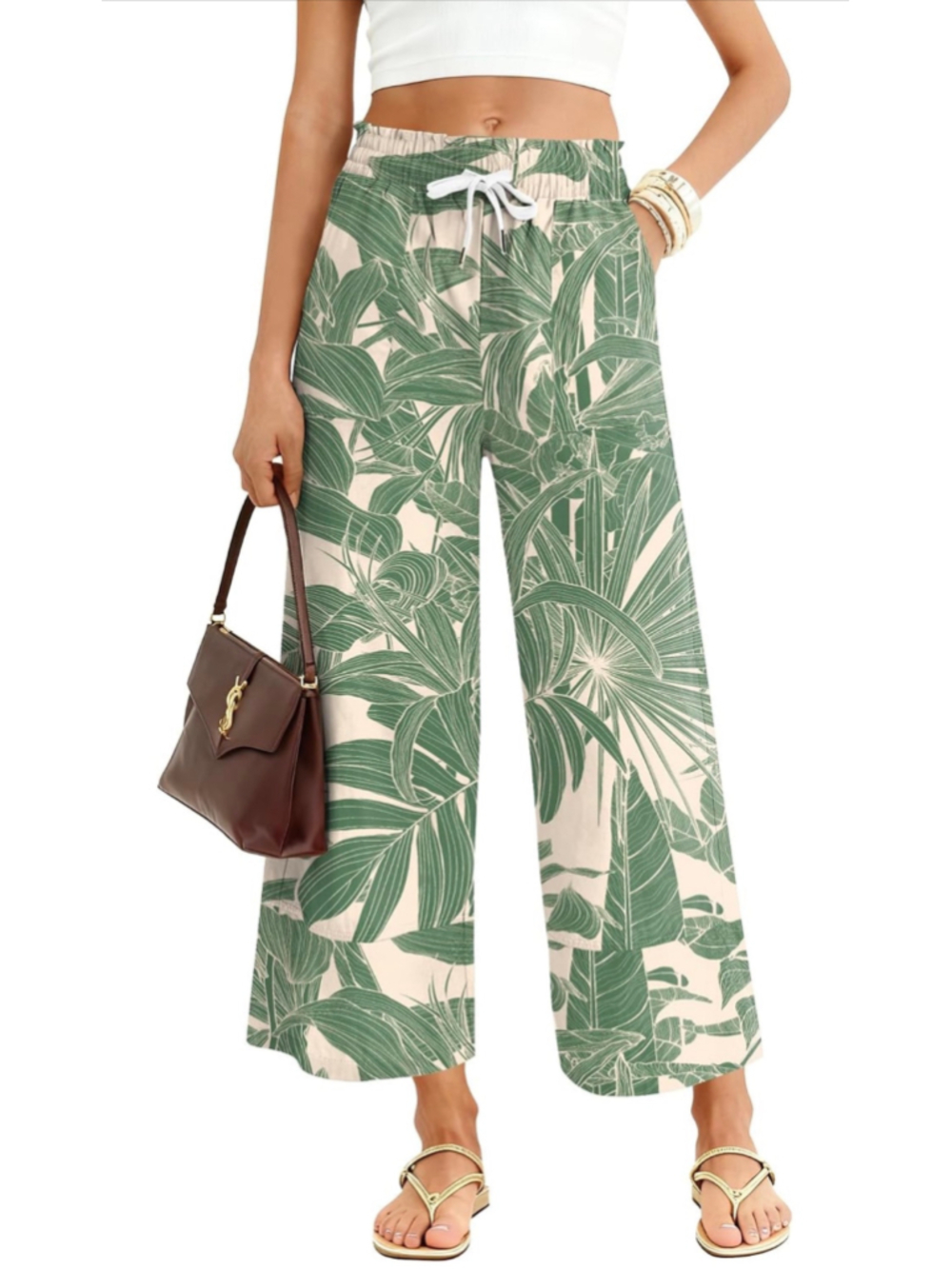 NEW Casual Wide Leg Pants Drawstring Elastic Waist Tropical Flowy Palazzo L